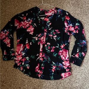 Express Black Floral Blouse with Pink and Green Accents
